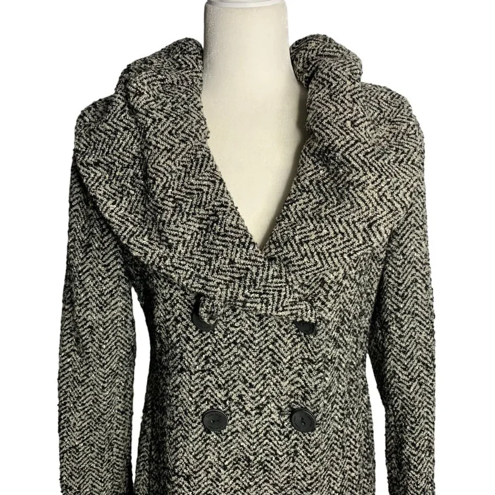 Calvin Klein Tweed Wool Blend Coat 2 Black Grey Herringbone Pockets Tie Belt - Picture 3 of 7